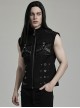 Handsome Black Twill Woven Stitching Crackled Leather Mesh Shoulder Eyelet String Punk Style Sleeveless Three Dimensional Vest