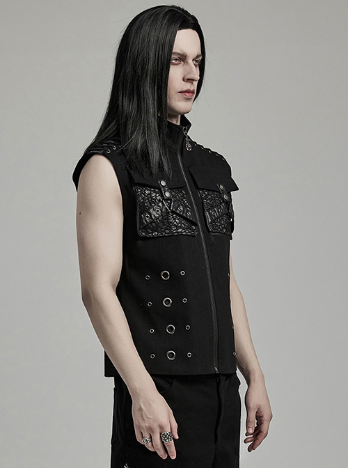 Handsome Black Twill Woven Stitching Crackled Leather Mesh Shoulder Eyelet String Punk Style Sleeveless Three Dimensional Vest