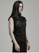 Handsome Black Twill Woven Stitching Crackled Leather Mesh Shoulder Eyelet String Punk Style Sleeveless Three Dimensional Vest