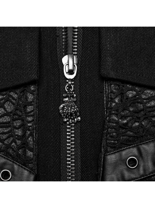 Handsome Black Twill Woven Stitching Crackled Leather Mesh Shoulder Eyelet String Punk Style Sleeveless Three Dimensional Vest