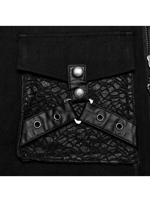 Handsome Black Twill Woven Stitching Crackled Leather Mesh Shoulder Eyelet String Punk Style Sleeveless Three Dimensional Vest