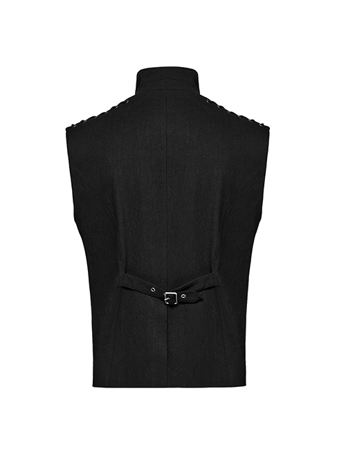 Handsome Black Twill Woven Stitching Crackled Leather Mesh Shoulder Eyelet String Punk Style Sleeveless Three Dimensional Vest