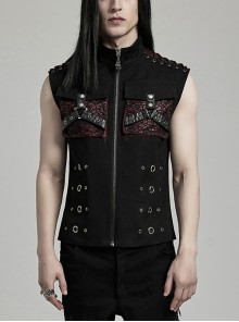 Handsome Black And Red Twill Woven Stitching Crackled Leather Mesh Shoulder Eyelet String Punk Style Sleeveless Three Dimensional Vest
