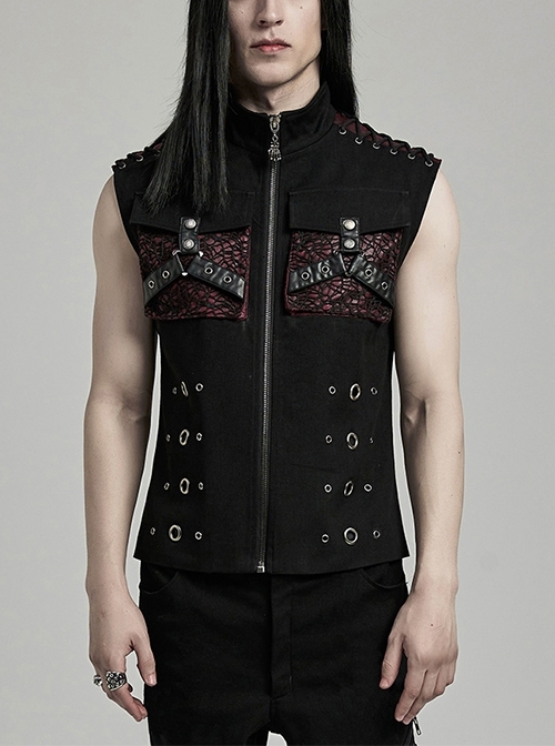 Handsome Black And Red Twill Woven Stitching Crackled Leather Mesh Shoulder Eyelet String Punk Style Sleeveless Three Dimensional Vest