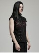 Handsome Black And Red Twill Woven Stitching Crackled Leather Mesh Shoulder Eyelet String Punk Style Sleeveless Three Dimensional Vest
