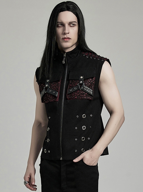 Handsome Black And Red Twill Woven Stitching Crackled Leather Mesh Shoulder Eyelet String Punk Style Sleeveless Three Dimensional Vest