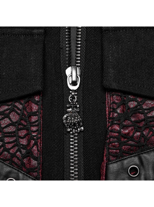 Handsome Black And Red Twill Woven Stitching Crackled Leather Mesh Shoulder Eyelet String Punk Style Sleeveless Three Dimensional Vest
