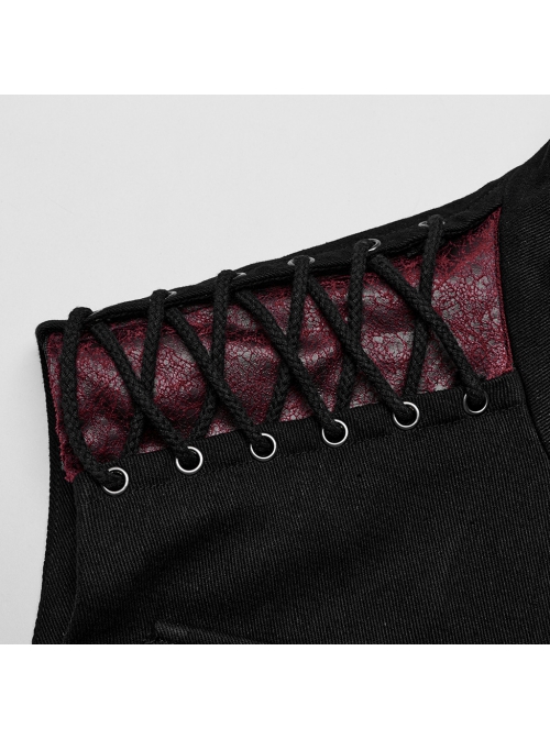 Handsome Black And Red Twill Woven Stitching Crackled Leather Mesh Shoulder Eyelet String Punk Style Sleeveless Three Dimensional Vest