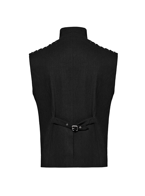 Handsome Black And Red Twill Woven Stitching Crackled Leather Mesh Shoulder Eyelet String Punk Style Sleeveless Three Dimensional Vest
