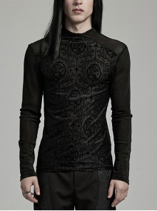 Black Elastic Flocked Mesh Front Chest With Gorgeous Printed Patterns And Simple Solid Color Sleeves Gothic Style Men's Long Sleeved T-Shirt