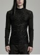 Black Elastic Flocked Mesh Front Chest With Gorgeous Printed Patterns And Simple Solid Color Sleeves Gothic Style Men's Long Sleeved T-Shirt