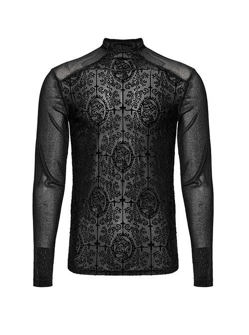 Black Elastic Flocked Mesh Front Chest With Gorgeous Printed Patterns And Simple Solid Color Sleeves Gothic Style Men's Long Sleeved T-Shirt