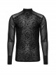 Black Elastic Flocked Mesh Front Chest With Gorgeous Printed Patterns And Simple Solid Color Sleeves Gothic Style Men's Long Sleeved T-Shirt