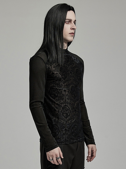 Black Elastic Flocked Mesh Front Chest With Gorgeous Printed Patterns And Simple Solid Color Sleeves Gothic Style Men's Long Sleeved T-Shirt