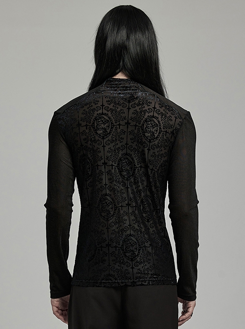 Black Elastic Flocked Mesh Front Chest With Gorgeous Printed Patterns And Simple Solid Color Sleeves Gothic Style Men's Long Sleeved T-Shirt