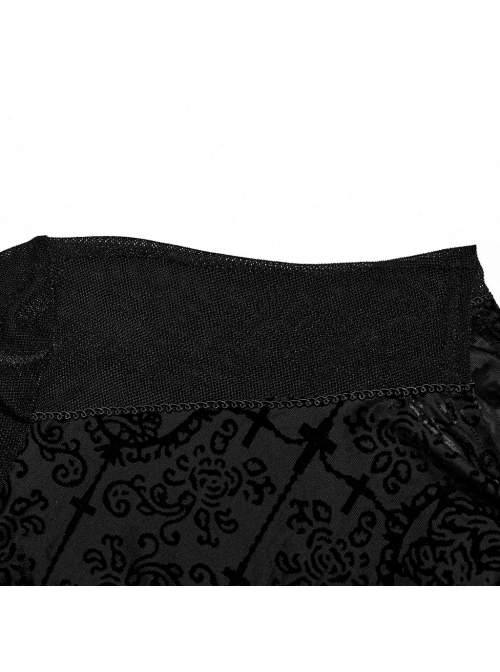 Black Elastic Flocked Mesh Front Chest With Gorgeous Printed Patterns And Simple Solid Color Sleeves Gothic Style Men's Long Sleeved T-Shirt
