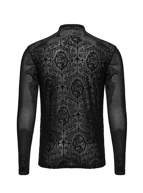 Black Elastic Flocked Mesh Front Chest With Gorgeous Printed Patterns And Simple Solid Color Sleeves Gothic Style Men's Long Sleeved T-Shirt