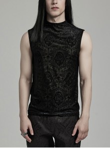 Simple Black Stretch Flocking Pattern Shoulder Webbing Decorated Gothic Style Men's Vest