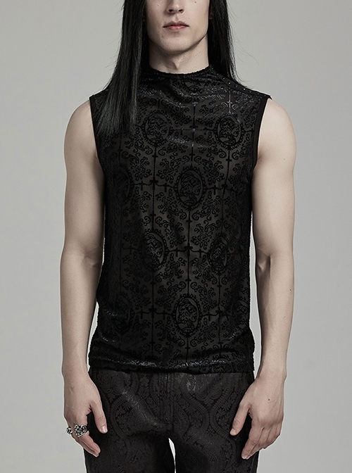 Simple Black Stretch Flocking Pattern Shoulder Webbing Decorated Gothic Style Men's Vest