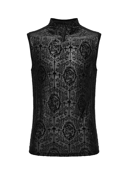 Simple Black Stretch Flocking Pattern Shoulder Webbing Decorated Gothic Style Men's Vest