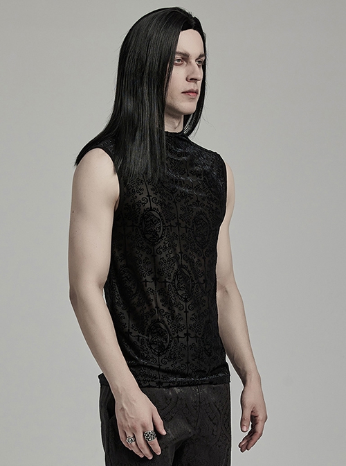 Simple Black Stretch Flocking Pattern Shoulder Webbing Decorated Gothic Style Men's Vest