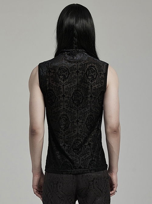 Simple Black Stretch Flocking Pattern Shoulder Webbing Decorated Gothic Style Men's Vest