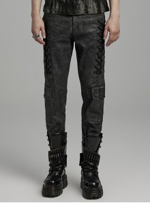 Black And Gray Old Look Slightly Elastic Woven Trousers With Floral Cord Decoration And Punk Style Casual Trousers