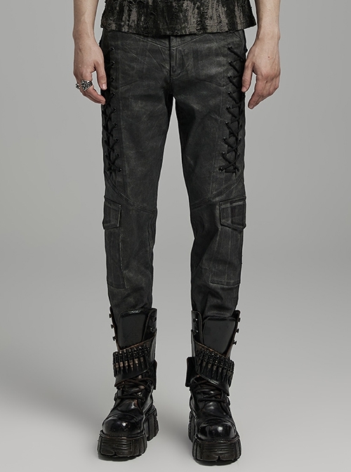 Black And Gray Old Look Slightly Elastic Woven Trousers With Floral Cord Decoration And Punk Style Casual Trousers