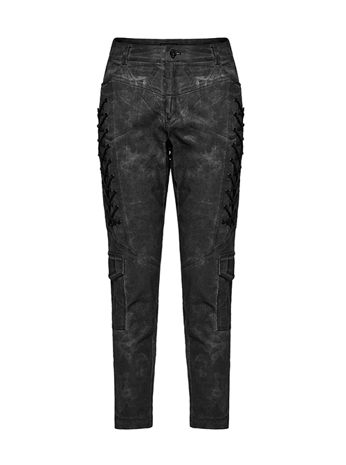 Black And Gray Old Look Slightly Elastic Woven Trousers With Floral Cord Decoration And Punk Style Casual Trousers