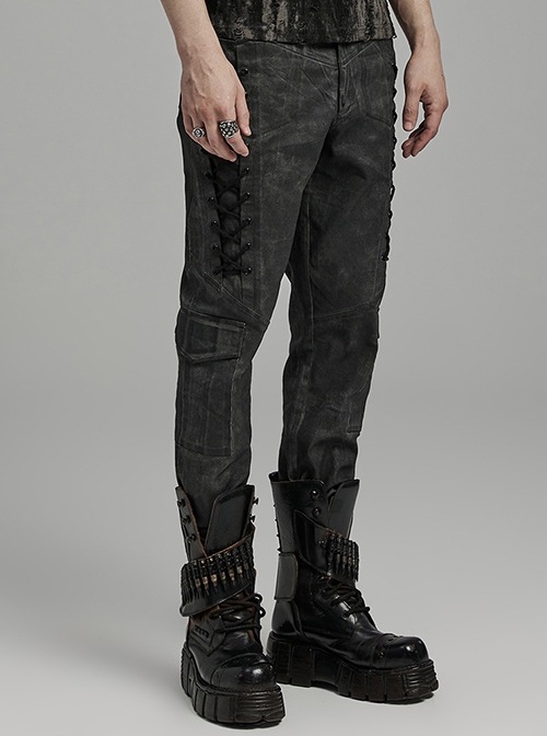 Black And Gray Old Look Slightly Elastic Woven Trousers With Floral Cord Decoration And Punk Style Casual Trousers