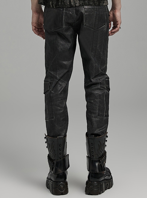 Black And Gray Old Look Slightly Elastic Woven Trousers With Floral Cord Decoration And Punk Style Casual Trousers