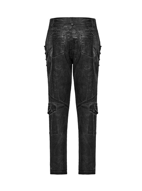 Black And Gray Old Look Slightly Elastic Woven Trousers With Floral Cord Decoration And Punk Style Casual Trousers
