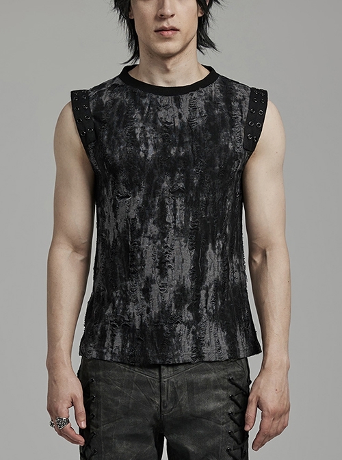 Old Black And Gray Decadent Texture Shoulder Eyelet Webbing Decoration Gothic Style Daily Sleeveless Vest