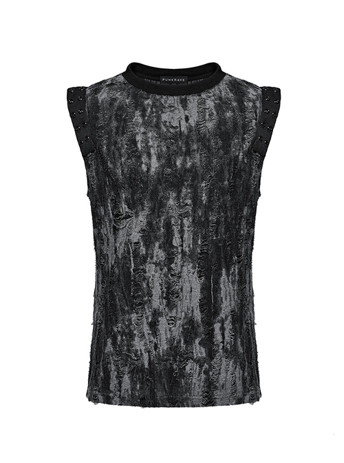 Old Black And Gray Decadent Texture Shoulder Eyelet Webbing Decoration Gothic Style Daily Sleeveless Vest