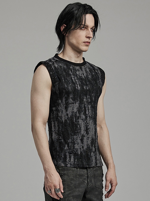 Old Black And Gray Decadent Texture Shoulder Eyelet Webbing Decoration Gothic Style Daily Sleeveless Vest