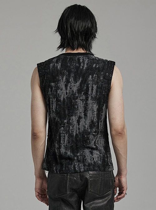 Old Black And Gray Decadent Texture Shoulder Eyelet Webbing Decoration Gothic Style Daily Sleeveless Vest