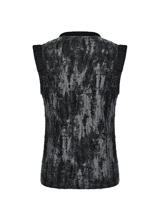 Old Black And Gray Decadent Texture Shoulder Eyelet Webbing Decoration Gothic Style Daily Sleeveless Vest