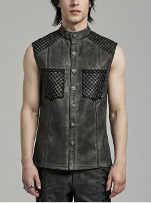 Black And Gray Distressed Woven With Stretch Rhombus Mesh Punk Style Men's Sleeveless Shirt