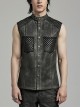 Black And Gray Distressed Woven With Stretch Rhombus Mesh Punk Style Men's Sleeveless Shirt