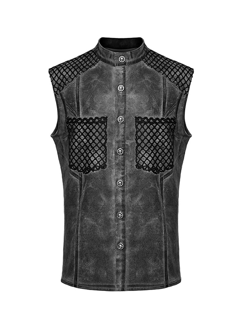 Black And Gray Distressed Woven With Stretch Rhombus Mesh Punk Style Men's Sleeveless Shirt