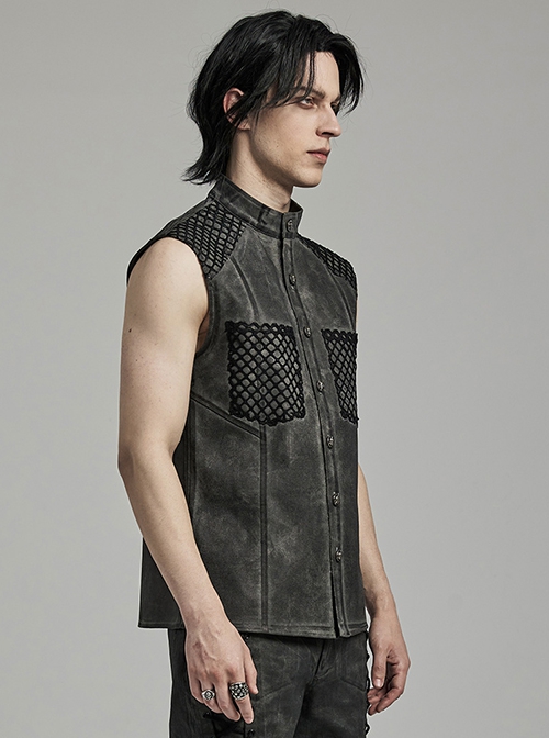 Black And Gray Distressed Woven With Stretch Rhombus Mesh Punk Style Men's Sleeveless Shirt