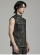 Black And Gray Distressed Woven With Stretch Rhombus Mesh Punk Style Men's Sleeveless Shirt