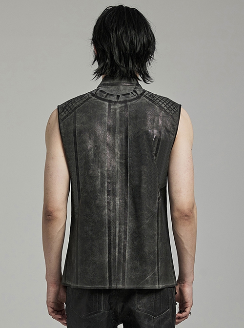 Black And Gray Distressed Woven With Stretch Rhombus Mesh Punk Style Men's Sleeveless Shirt