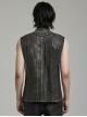 Black And Gray Distressed Woven With Stretch Rhombus Mesh Punk Style Men's Sleeveless Shirt
