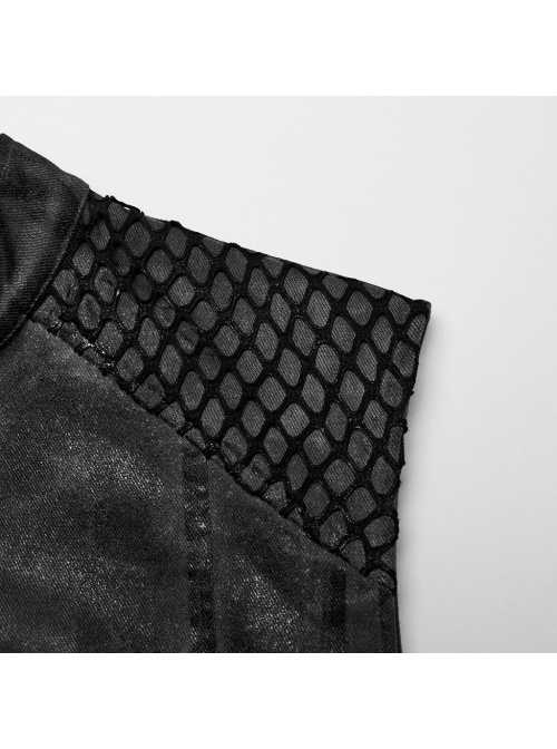 Black And Gray Distressed Woven With Stretch Rhombus Mesh Punk Style Men's Sleeveless Shirt