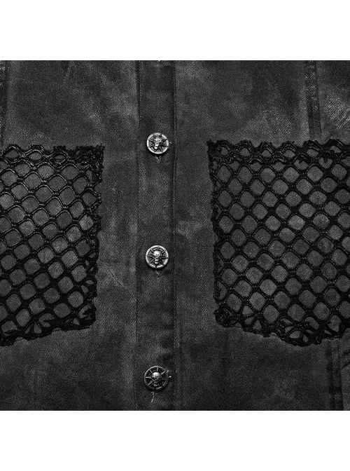 Black And Gray Distressed Woven With Stretch Rhombus Mesh Punk Style Men's Sleeveless Shirt