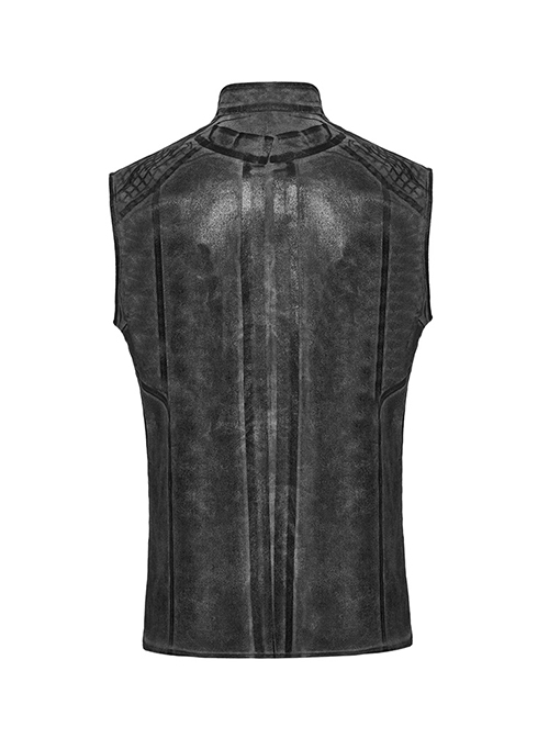 Black And Gray Distressed Woven With Stretch Rhombus Mesh Punk Style Men's Sleeveless Shirt