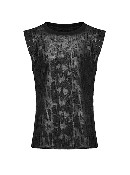 Old Style Black Shabby Decadent Muscular Shoulder Eyelet Webbing Gothic Style Daily Sleeveless Vest