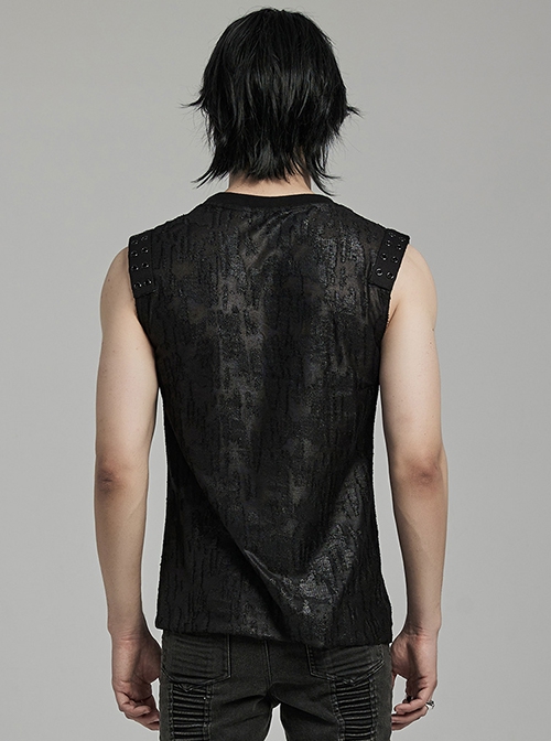 Old Style Black Shabby Decadent Muscular Shoulder Eyelet Webbing Gothic Style Daily Sleeveless Vest