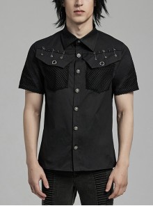 Handsome Black Micro Elastic Woven Patchwork Mesh Front Eyelet Stud Punk Style Short Sleeved Shirt